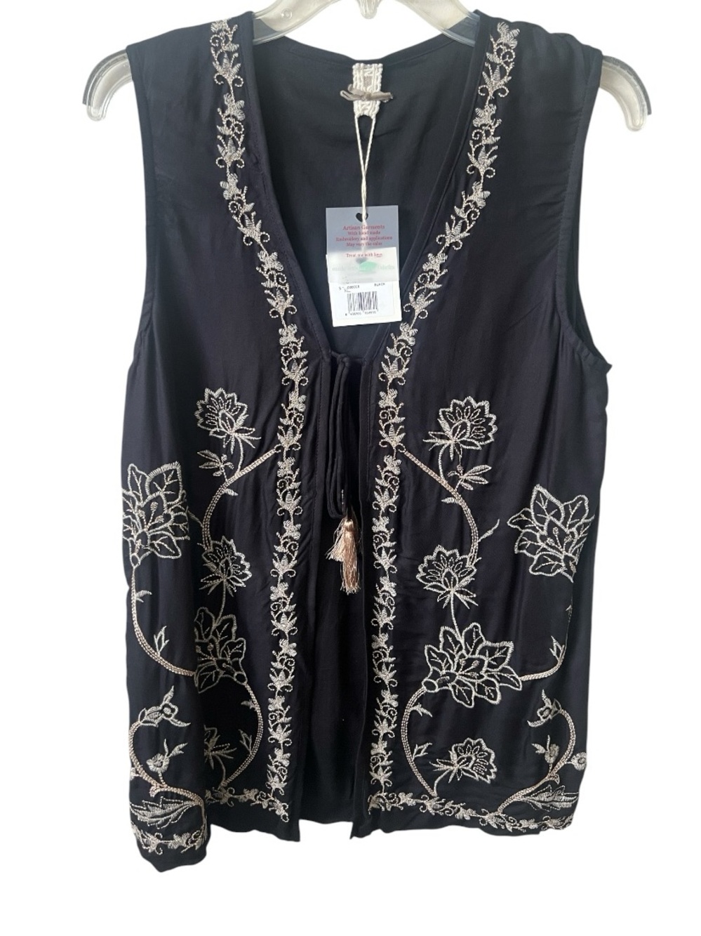 NWT Nekane Embroidered Boho Vest Black Gold Metallic Tassel Tie Size Small - Picture 10 of 10